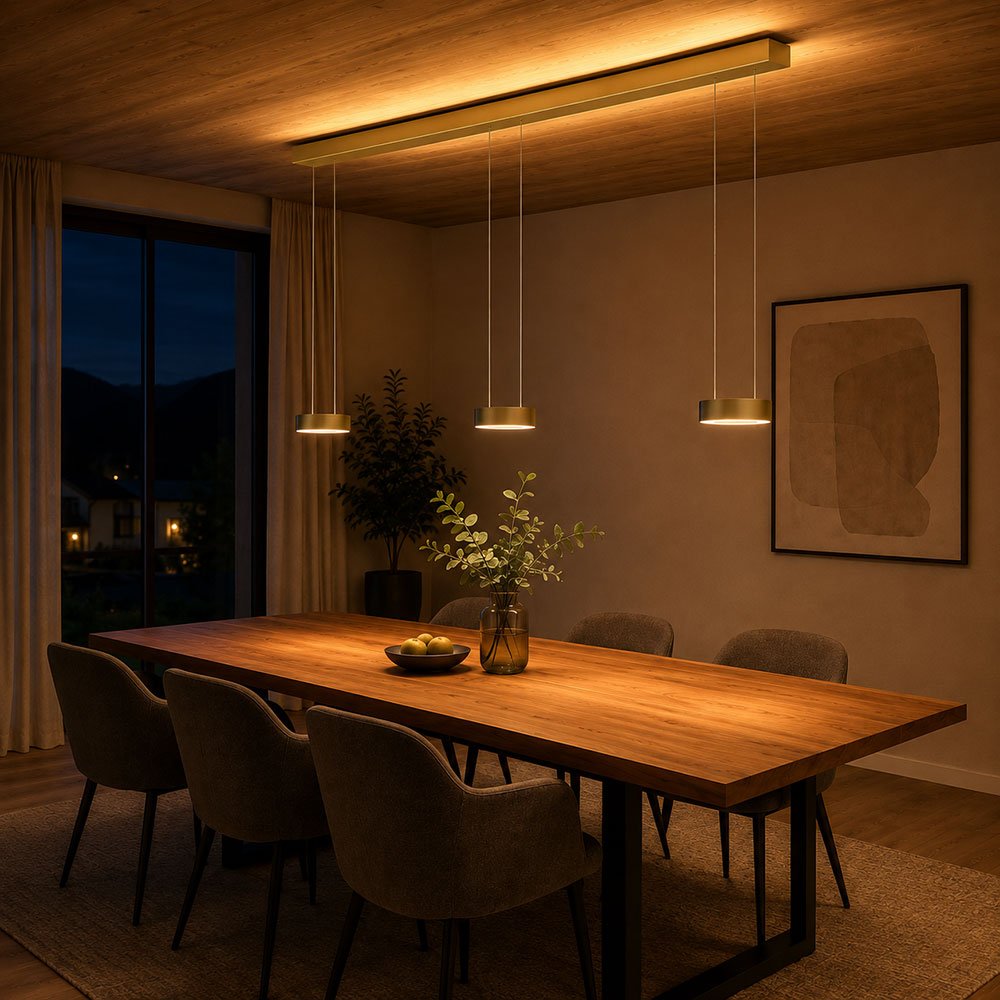 Milieuaufnahme der ZERA-3-Max LED-Pendelleuchte in Effekt Bronze von Knapstein Germany