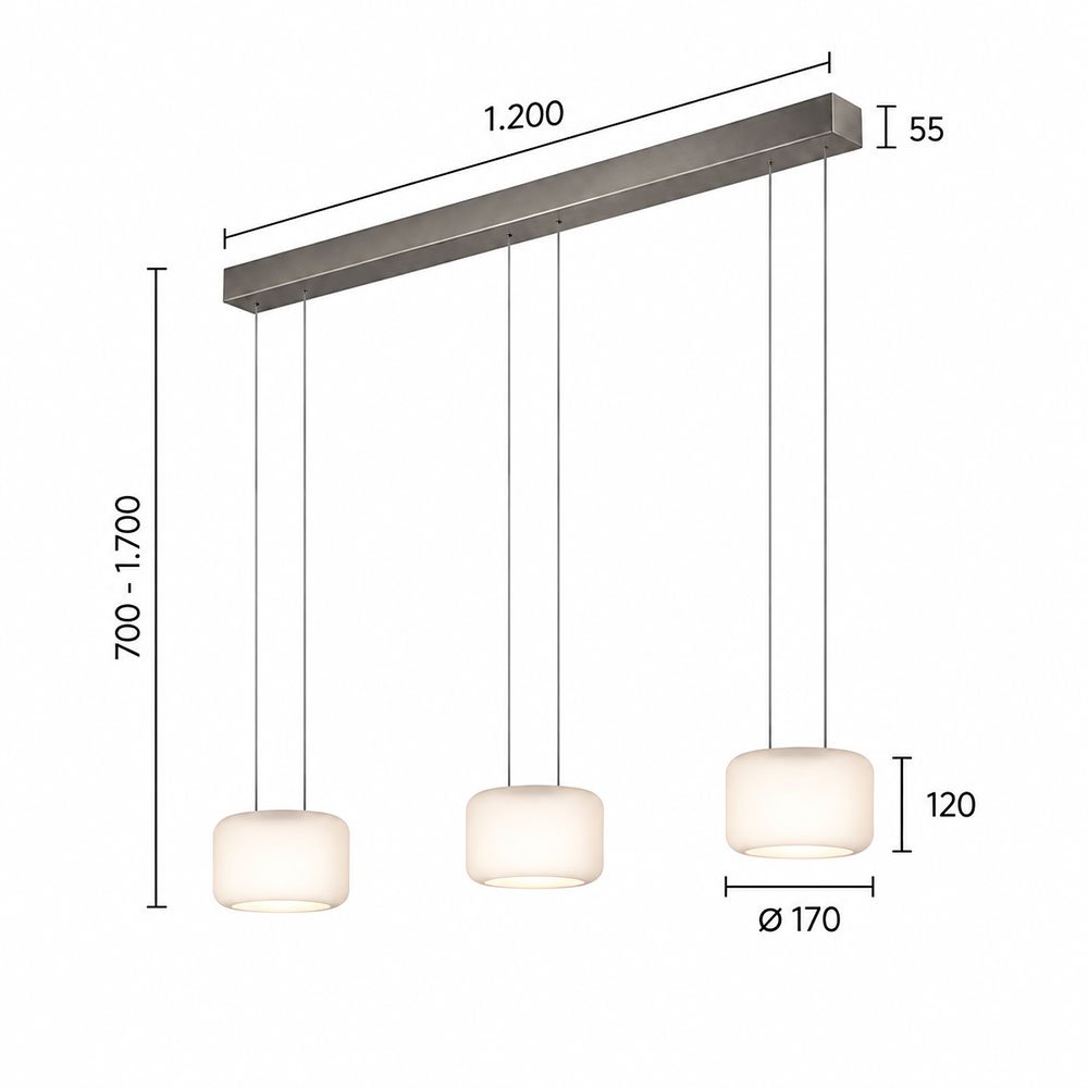 Masse der SIDRA-3 LED-Pendelleuchte in Graphit und Opalgläser Weiss matt
